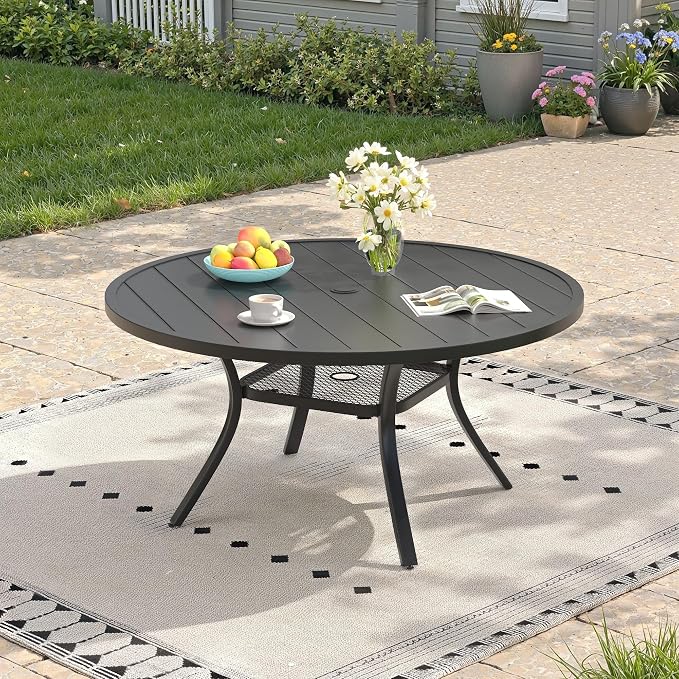 Outdoor Dining Table for 6, 47.2" Round Outdoor Table with Adjustable Umbrella Hole, All-Weather Metal Patio Dining Table for Lawn Garden Backyard Deck, Black