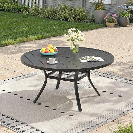 Outdoor Dining Table for 6, 47.2" Round Outdoor Table with Adjustable Umbrella Hole, All-Weather Metal Patio Dining Table for Lawn Garden Backyard Deck, Black