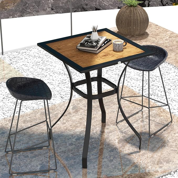 Outsunny 28" Outdoor Bar Table, Faux Wood Patio Furniture, Square Wood-Like Patio Table with Water Safe Design for Deck, Backyard, Lawn, Brown