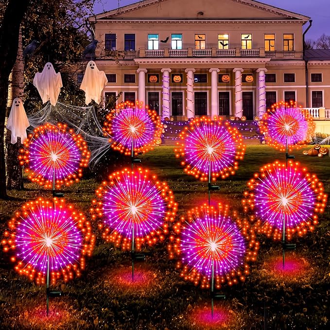 Tujoe 8 Pcs Halloween Solar Firework Stake Lights 180 LED 8 Modes Solar Waterproof LED Sparkler Lights Outdoor Decoration for Garden Patio Yard Pathway Walkway Lawn(Orange-Purple)