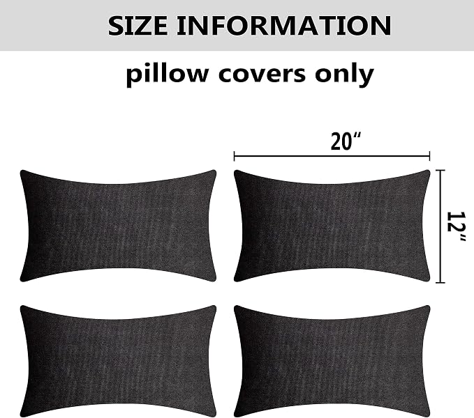 Home Brilliant 12x20 Pillow Cover Black Outdoor Pillows for Patio Set of 4, Rustic Throw Pillow Covers Compatible with Sunbrella Slipcover for Garden Swimming Pool, 30 x 50cm, Black