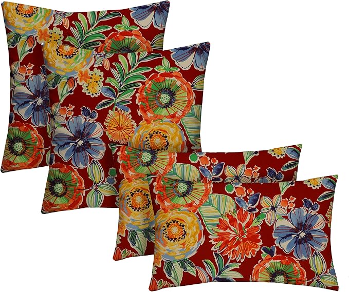 RSH DECOR: Lumbar & Square Throw Pillows Set of 4 | 20" x 12" & 17" x 17" | All-Weather Spun Fabric | Water and Fade-Resistant | Outdoor Accent Pillows for Patio Furniture | Colsen Berry