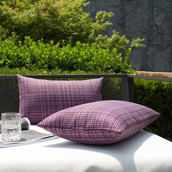 Kevin Textile Outdoor Waterproof 12"x20" Lumbar Pillow Covers 2 Pack Violet | Water Resistant, Faux Linen Yarn-dyed, Woven Texture Throw Pillow Covers for Tent Patio Garden Couch Sofa