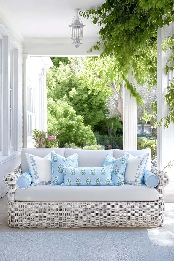 Hofdeco Premium Coastal Grandmillennial Patio Indoor Outdoor Lumbar Pillow Cover Only, 12"x26" Water Repellent for Backyard, Couch, Poolside, Baby Blue Green Print Flower
