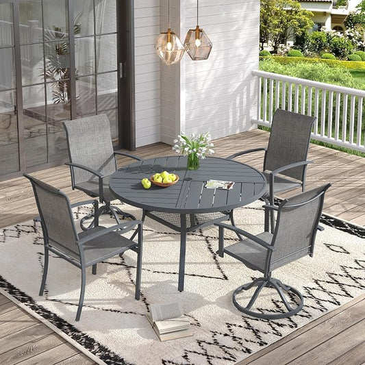 VICLLAX 5 Pieces Patio Dining Set for 4, 40.7" Round Outdoor Table and Chairs (2 Fixed Chairs and 2 Swivel Chairs) for Deck Garden, Dark Grey