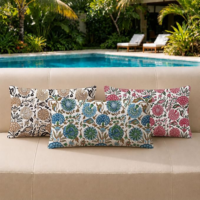 Allorry Outdoor Pillow Covers 12x20 Rose Pink Floral Outdoor Decor JB013D12 | Set of 2 Vintage Floral Block Print Pillow Cover,Farmhouse Boho Decorative for Spring Summer Outdoor Sofa Bedroom Decor