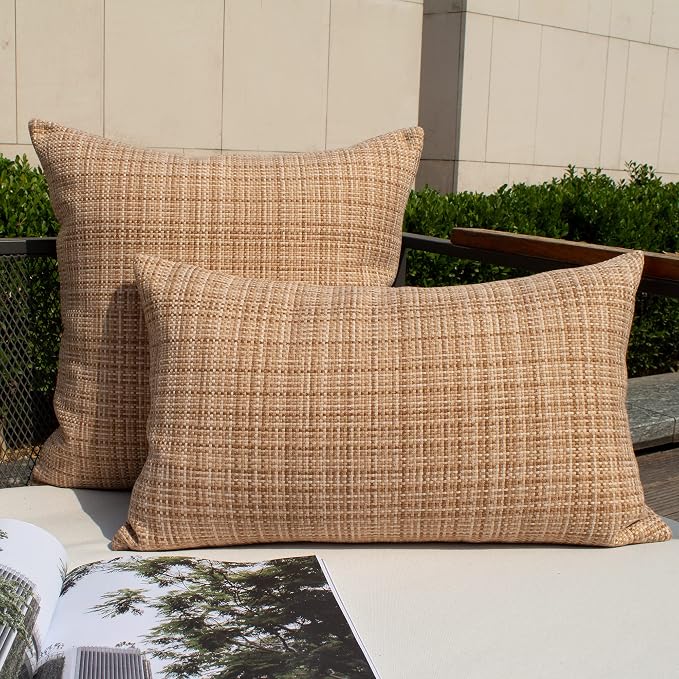 Kevin Textile Outdoor Waterproof 12"x24" Lumbar Pillow Covers 2 Pack, Beige | Water Resistant, Faux Linen Yarn-dyed, Woven Texture Throw Pillow Covers for Tent Patio Garden Couch Sofa