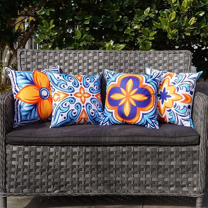 ONWAY Outdoor Pillow Covers Waterproof 16x16 Set of 4 Floral Boho Decorative Throw Cushion Cover Farmhouse Pillows for Bench Couch Patio Furniture