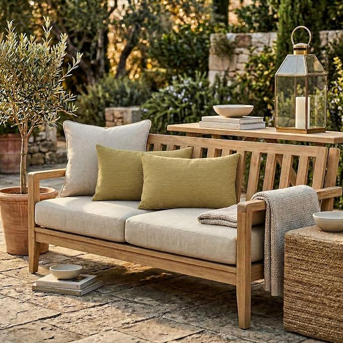 RSH DECOR: Lumbar Throw Pillows Set of 2 | 20” x 12" | All-Weather Spun Fabric | Water and Fade-Resistant | Outdoor Support Pillows for Patio Furniture | Made in USA (Luca Rib Pecan)