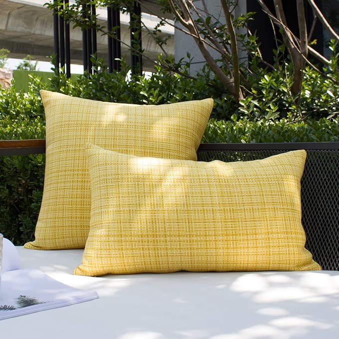Kevin Textile Outdoor Waterproof 16x16 Inch Pillow Covers 2 Pack, Yellow | Water Resistant, Faux Linen Yarn-dyed, Woven Texture Throw Pillow Covers for Tent Patio Garden Couch Sofa