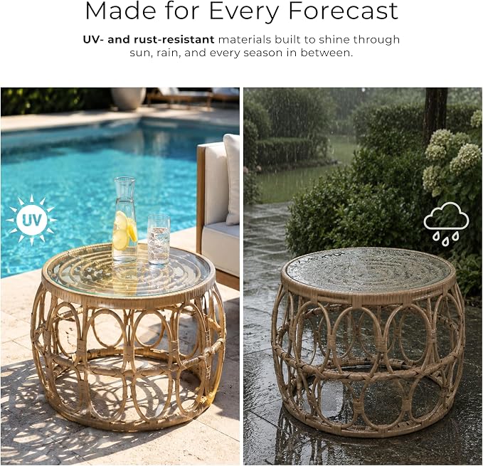 Furniture of America Ysar Boho Rattan Round Coffee Table Outdoor with 5mm Tempered Glass Top, All-Weather and Rust Resistant Patio Furniture