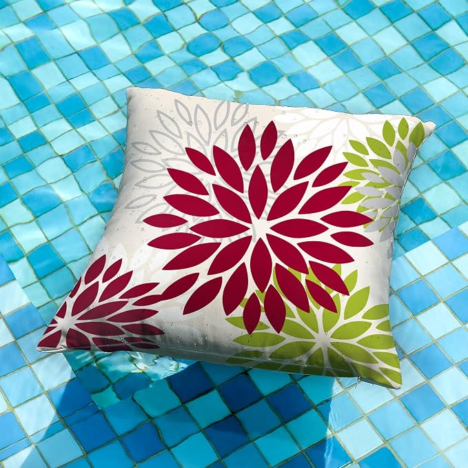 DFXSZ Outdoor Waterproof Pillow Covers 16x16 Set of 2 Wine Red Green Flower | Spring Summer Waterproof Flower Throw Pillowcases（No Inserts）Outdoor Decor for Patio Funiture Garden Polyester Covers
