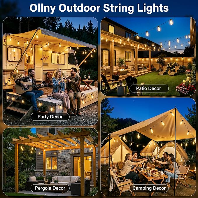 Ollny Outdoor String Lights 66FT, Shatterproof Connectable Patio Lights with 25 ST38 Edison LED Bulbs, 2200K Warm White Waterproof Outside Hanging Lights for Backyard, Gazebo, Porch, Balcony, Bistro
