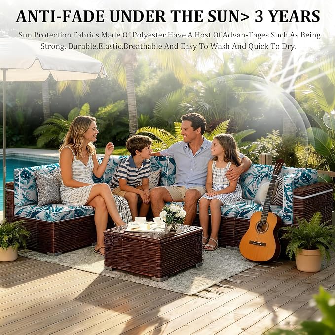 14pc Waterproof Outdoor Couch Cushions for 6 Seat Patio Hawaiian Leaves | Water-resistant, UV-resistant,14pc High-Density Foam Replacement Cushions for 6-Seat Outdoor Sectional Furniture