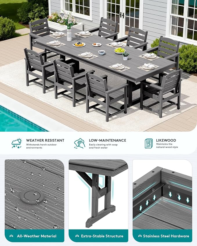 SERWALL 9 Piece Outdoor Dining Set, 84" HDPE Outdoor Table and Chairs for 8，All Weather Patio Furniture Set with Umbrella Hole for Backyard, Garden, Gray
