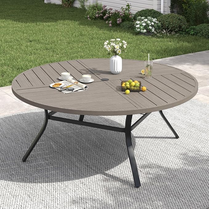 VICLLAX 60" Round Patio Table with Umbrella Hole, All Weather Metal Outdoor Dining Table for 8, Outside Table for Lawn Garden, Grey Wood-Grain Finish