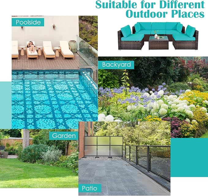 HAPPYGRILL 6 Pieces Outdoor Patio Furniture Set, PE Rattan Conversation Set with Tempered Glass Coffee Table and Cozy Cushions, Weather Resistant Sectional Sofa Set, Turquoise