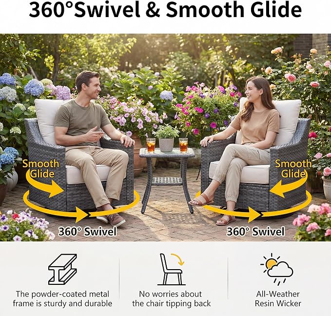 3 Pieces Patio Furniture Set with 6" Thick Cushions, All Weather Outdoor Wicker Swivel Rocker Chairs Set of 2 with Table for Porch Yard Deck