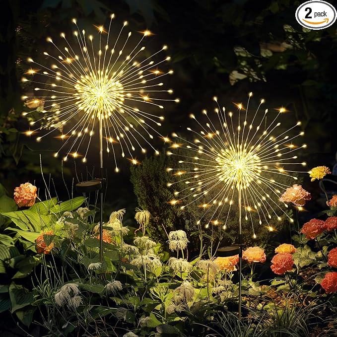 GIGALUMI 2 Pack Solar Firework Lights Outdoor, Garden Decor, Warm White | 120 LEDs, Fairy Design, Waterproof, Garden Decor, Solar Powered for Yard, Pathway, Flowerbed, Planter, Balcony, Gifts for Mom