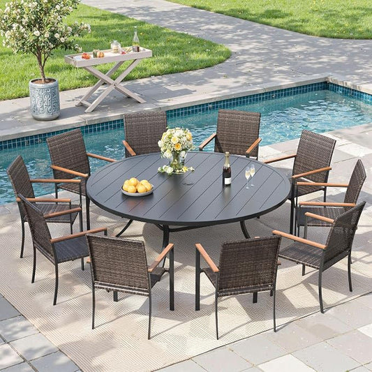 Round Patio Dining Set for 10, 63" Round Metal Table with Umbrella Hole and Stackable Wicker Patio Chairs, Outdoor Furniture Set for Deck Backyard Garden, Walnut Chairs, Black Table