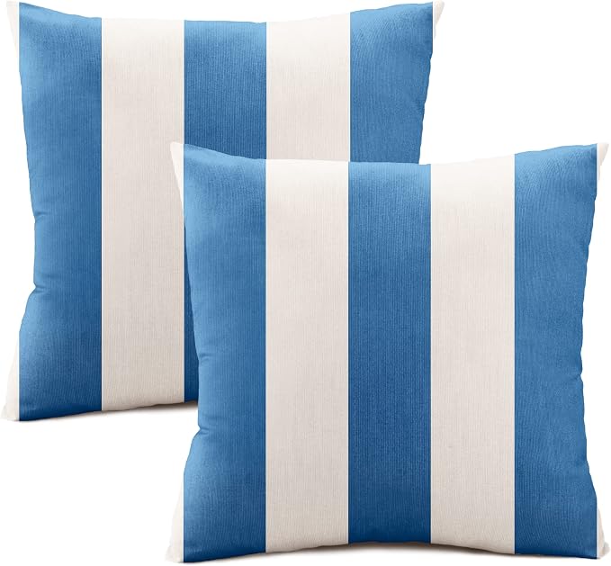 Sunbrella Cabana Stripe White/Blue, Knife Edge, Zippered Opening, 24-inch Pillow Cover (Set of 2), No Insert Included