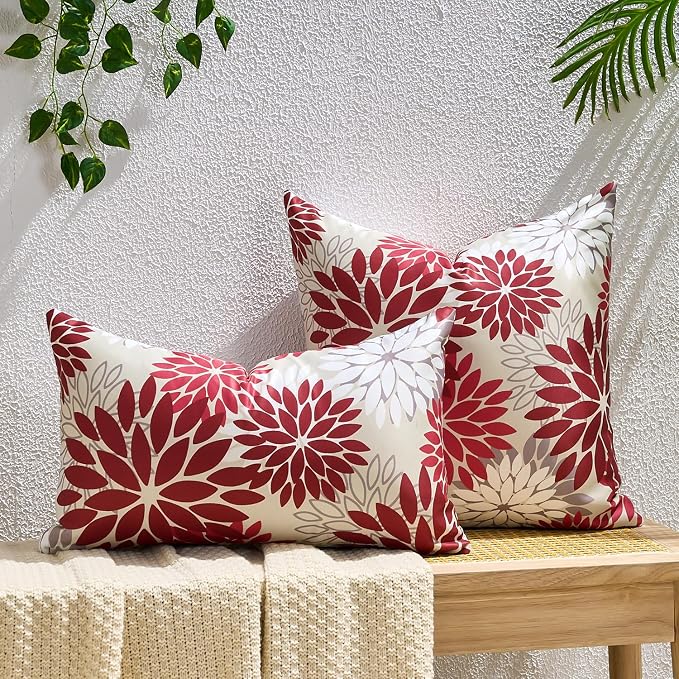 Set of 2 Dahlia Throw Pillow Covers Outdoor Pillows Waterproof 20x20 Inch Red and Pink Decorative Square Pillowcases With Invisible Zipper for Living Room Patio Garden FarmhouseTent Couch Bench