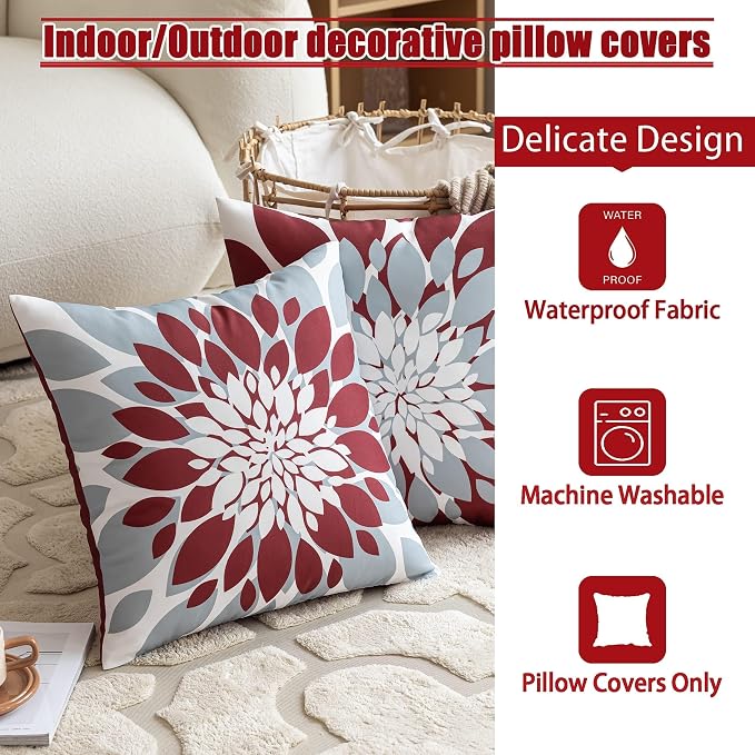 Pack of 4 Outdoor Waterproof Pillow Covers 16x16 Decorative Outdoor Throw Pillows Garden Square Cushion Cases for Patio Furniture, Couch, Tent Sunbrella, Bench, Burgundy Red Grey