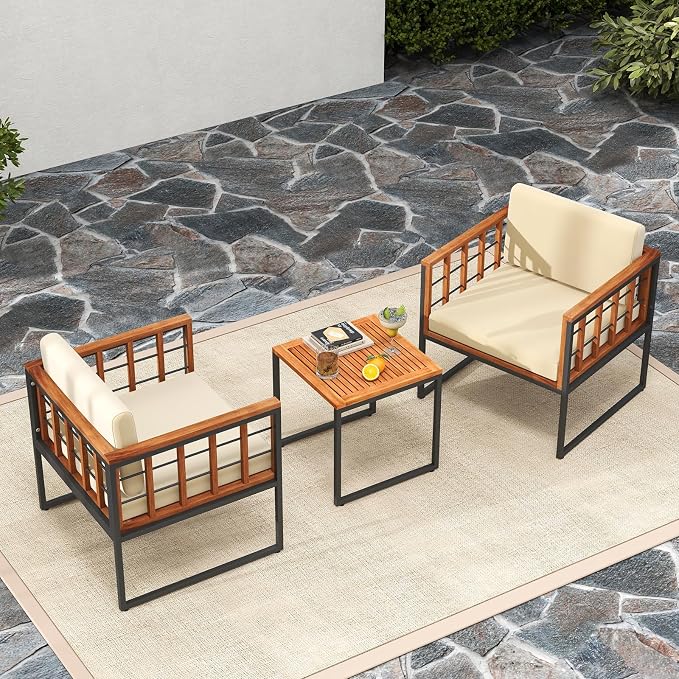HAPPYGRILL 3 Pieces Wood Patio Furniture Set, Acacia Wood Conversation Set with 2 Cushioned Chairs, Outdoor Patio Bistro Set for Porch, Balcony, Garden, Backyard
