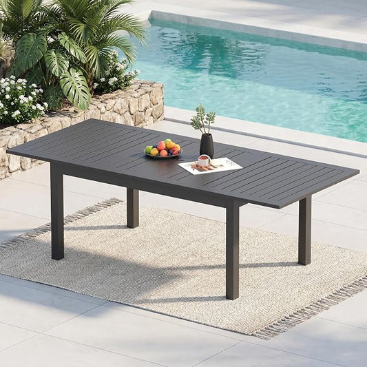 Expandable Aluminum Outdoor Dining Table, 3-Adjustable Lengths Patio Dining Table for 6-10 Person, 91.7" L x 33.5" W Metal Patio Table with Umbrella Hole Adjustable Feet for Garden Porch Deck, Grey