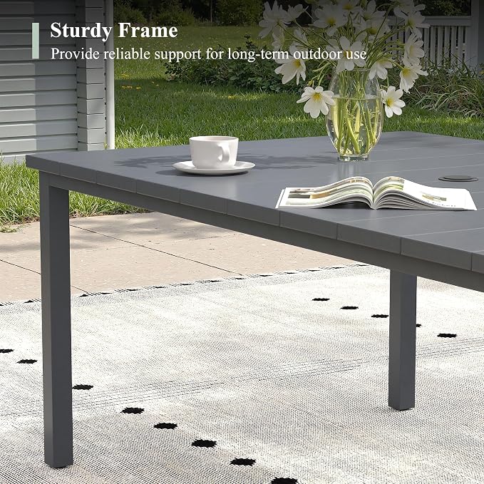 Outdoor Dining Table for 6, 63" Rectangle Outdoor Table with Adjustable Umbrella Hole, All-Weather Metal Patio Dining Table for Lawn Garden Backyard Deck, Dark Grey