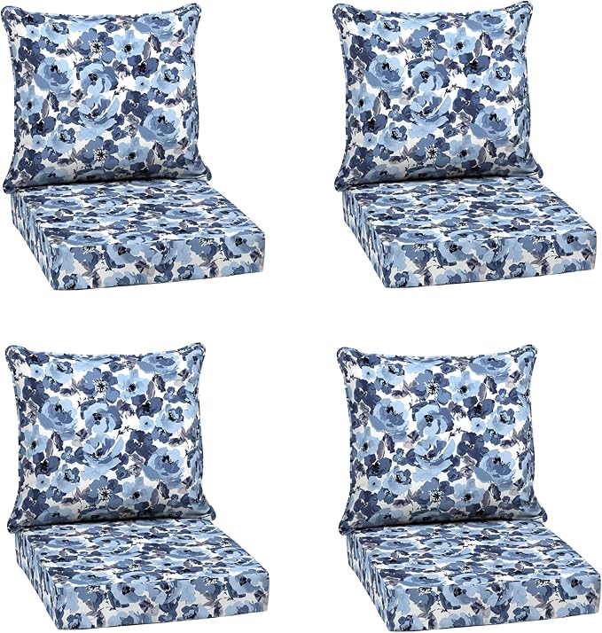Arden Outdoor Deep Seat Cushion Set, 4-Pack, 24x24, Blue Garden Floral | Outdoor Sofa, Couch, Conversation Set, Weather-Proof, Rain-Proof, Fade Resistant for Chair, Mold and Mildew Resistant