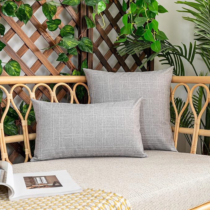 Kevin Textile Outdoor Waterproof 12”x20” Lumbar Pillow Covers 2 Pack, Grey | Water Resistant, Soft Faux Linen-cotton Yarn-dyed Woven Texture Throw Pillow Covers for Tent Patio Garden Couch Sofa