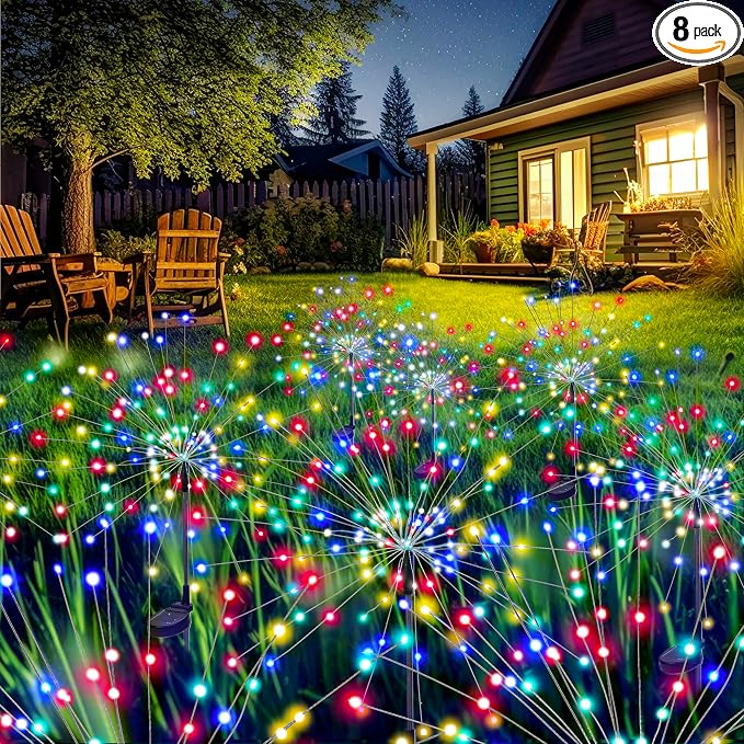 GIGALUMI 8 Pack Solar Firework Lights Outdoor, Garden Decor, Multicolored | 120 LEDs, Fairy Design, Waterproof, Garden Decor, Solar Powered for Yard, Pathway, Flowerbed, Planter, Balcony, Gifts for Mom