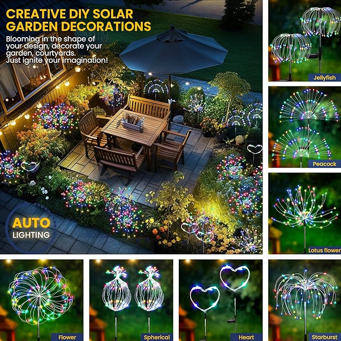 GIGALUMI 4 Pack Solar Firework Lights Outdoor, Garden Decor, Multicolored | 120 LEDs, Fairy Design, Waterproof, Garden Decor, Solar Powered for Yard, Pathway, Flowerbed, Planter, Balcony, Gifts for Mom