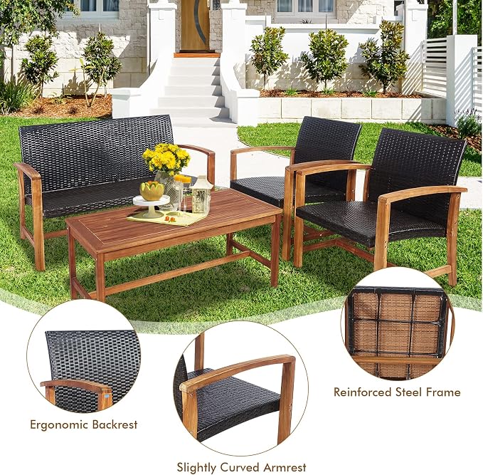 HAPPYGRILL 4 Pieces Patio Furniture Set Outdoor Patio Conversation Set with Coffee Table Loveseat Armchairs, Solid Acacia Wood, PE Wicker Surface, Modern Chat Set for Deck Poolside and Backyard