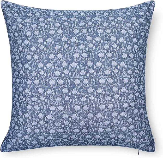 California Casual Coastal Indoor Outdoor Throw Pillow Cover, 22"x22" Water Repellent for Patio, Backyard, Couch, Poolside, Azure Blue Print Botanical Flowers and Leaves