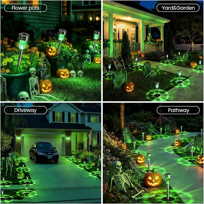 GIGALUMI Green Solar Pathway Lights, 20-Pack Outdoor Halloween Decor | Waterproof LED stainless stakes for yard, garden, driveway, walkway. Green glow creates spooky atmosphere.