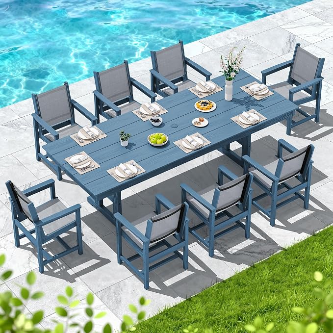 SERWALL 9 Piece Outdoor Dining Set, 84" HDPE Outdoor Large Table and Textilene Sling Chairs for 8，All Weather Patio Dining Furniture Set with Umbrella Hole for Backyard, Garden, Blue