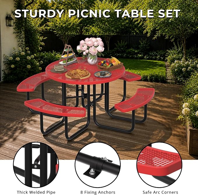 All-Weather Round Outdoor Picnic Table, Commercial Picnic Table Bench Set with Umbrella Hole, Thermoplastic Coated Metal Dining Tables for School, Stores, Park, Patio, Yard, Red