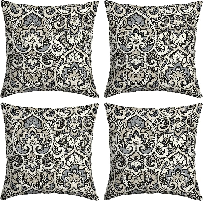 Arden Outdoor Toss Pillow, 4-Pack, 16x16, Black Damask | Indoor/Outdoor Décor, Set of 4, 16 x 16, Rain-Proof, Fade Resistant, Mold and Mildew Resistant
