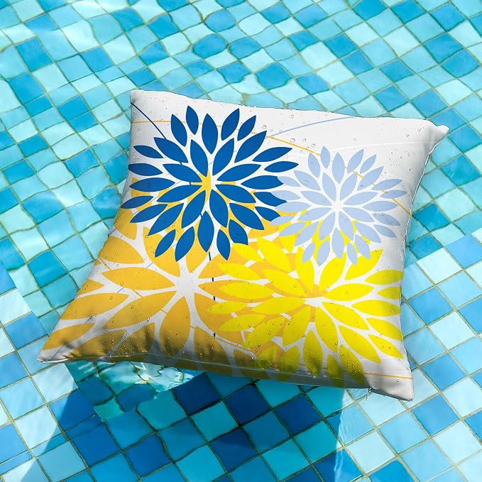 DFXSZ Pack of 2 Outdoor Waterproof Throw Pillow Covers 16x16 Blue Yellow | Polyester Colorful Spring Summer Floral Decorative Cushion Cases(NO INSERT),For Couch Patio Funiture Garden Home Decor
