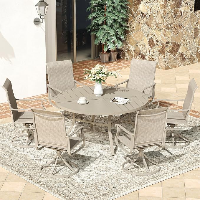 VICLLAX 53" Round Patio Dining Table for 6-8, All Weather Metal Outdoor Table with 1.57" Umbrella Hole and Surdy Frame for Garden Lawn Deck, Sandshell