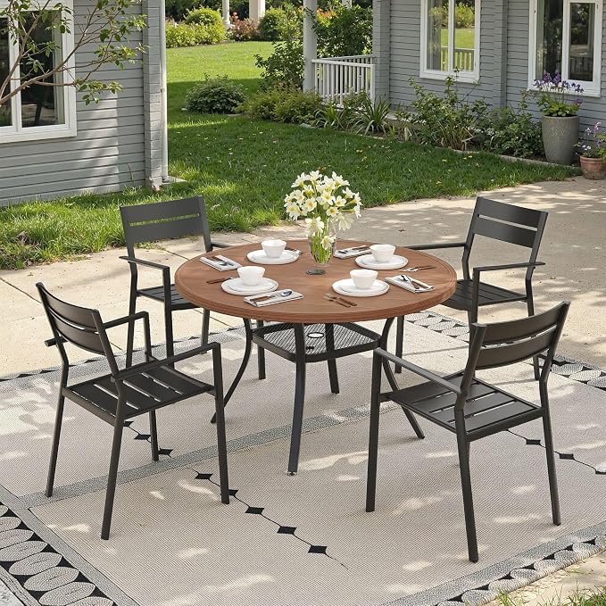 Patio Dining Set for 4, 40.6" Outdoor Dining Table and Chairs Set with Stackable Patio Chairs Outdoor Furniture Outdoor Furniture for Garden Deck Backyard, Walnut Table and Black Chairs
