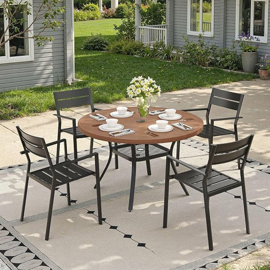 Patio Dining Set for 4, 40.6" Outdoor Dining Table and Chairs Set with Stackable Patio Chairs Outdoor Furniture Outdoor Furniture for Garden Deck Backyard, Walnut Table and Black Chairs
