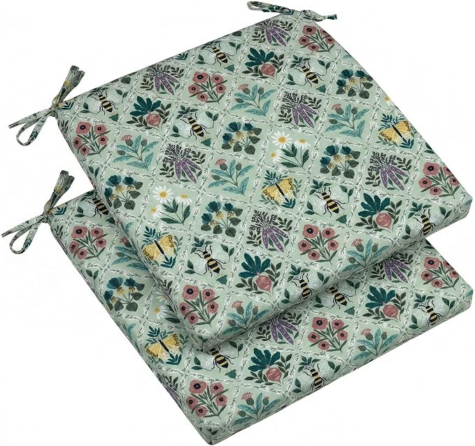 Outdoor Dining Chair Cushions 20x20x2.5 Inch 2 Pack, Water repallent Square Patio Seat Cushions, UV Resistant Fade Proof Outdoor Chair Pads for Garden Deck Porch Dining Furniture,Green Floral