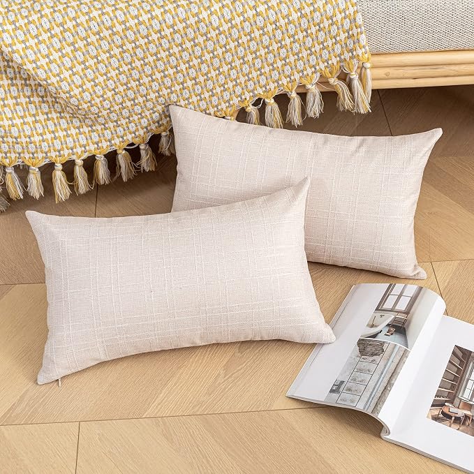 Kevin Textile Outdoor Waterproof 26”x26” Pillow Covers 2 Pack, Light Beige | Water Resistant, Soft Faux Linen-cotton Yarn-dyed Woven Texture Throw Pillow Covers for Tent Patio Garden Couch Sofa