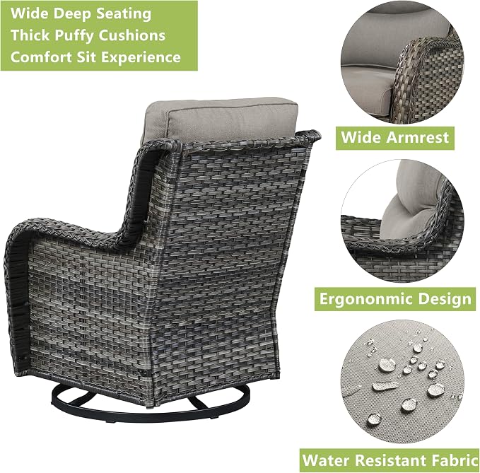 Rilyson Wicker Patio Furniture Set - 5 Piece Rattan Outdoor Sectional Conversation Sets with 2 Swivel Rocking Chairs,2 Ottomans and 1 Side Table for Porch Deck Garden(Mixed Grey/Grey/Smile)