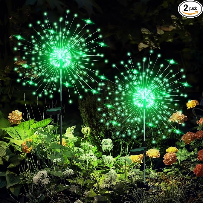 GIGALUMI 2 Pack Solar Firework Lights Outdoor, Halloween Decor, Green | 120 LEDs, Fairy Design, Waterproof, Garden Decor, Solar Powered for Yard, Pathway, Flowerbed, Planter, Balcony, Gifts for Mom