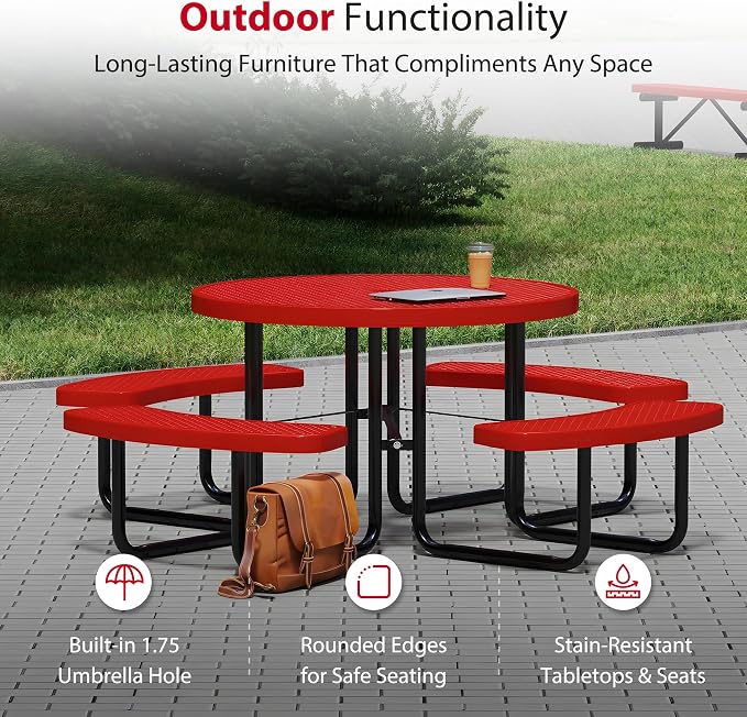 Leisure Craft Metal Picnic Table with Bench - 46" Round Outdoor Dining Table for 8 with Umbrella Hole, Weatherproof Heavy Duty Thermoplastic Coating, Commercial Grade Furniture Made in USA - Red