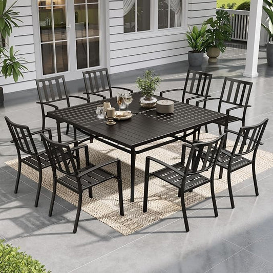 Sophia & William Patio Table and Chairs Set, Outdoor Dining Set for 8, 9 Piece Metal Patio Furniture, 60" Black Square Table(Stripe)